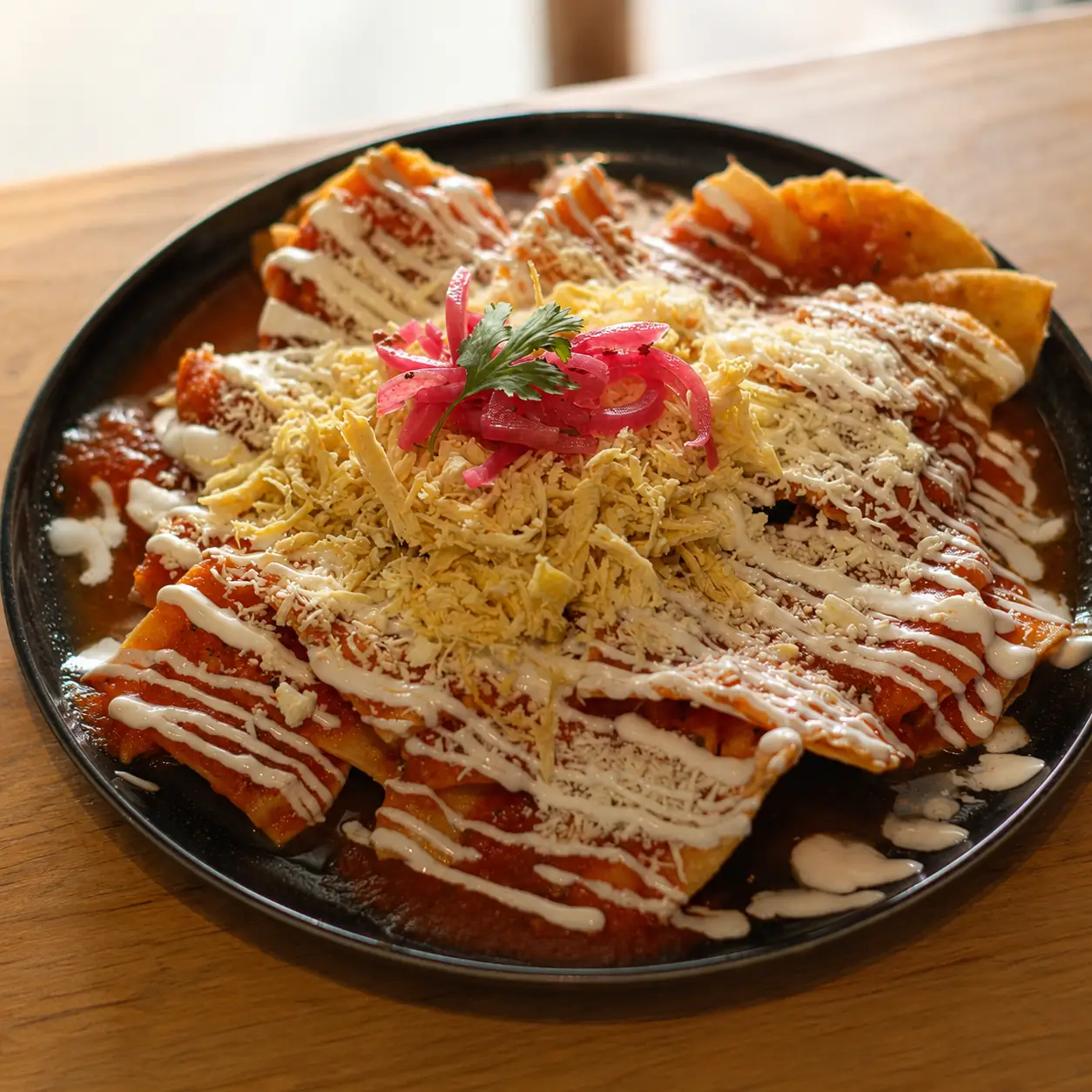 Chilaquiles con salsa roja, crema, cotija y cilantro