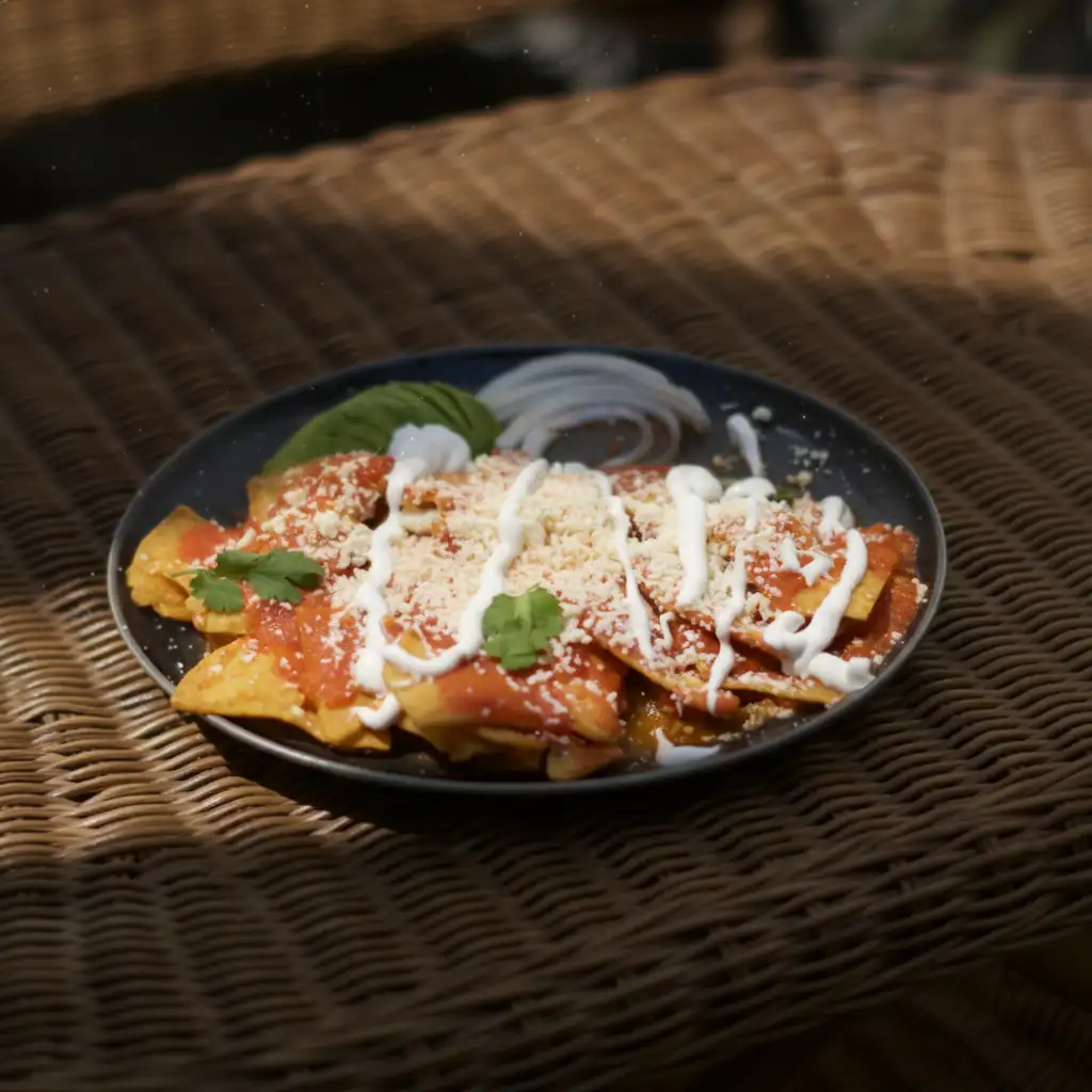 Chilaquiles con salsa roja, crema, cotija y cilantro