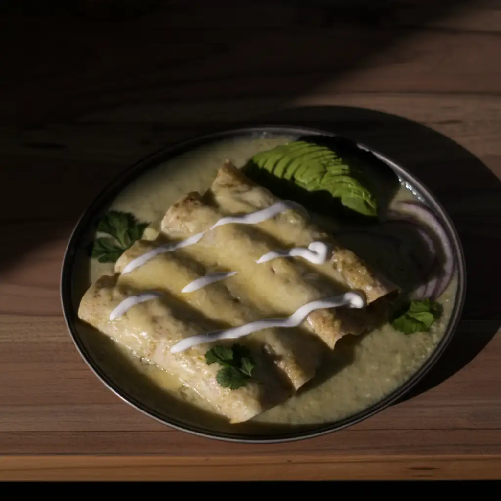 Enchiladas suizas gratinadas con Gouda, salsa verde y crema