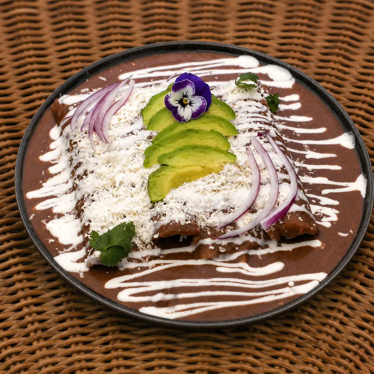Enfrijoladas de pollo bañadas en frijol negro con cotija y aguacate