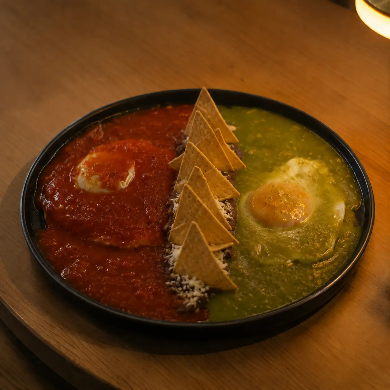 Huevos divorciados con salsa roja y verde, frijoles y totopos