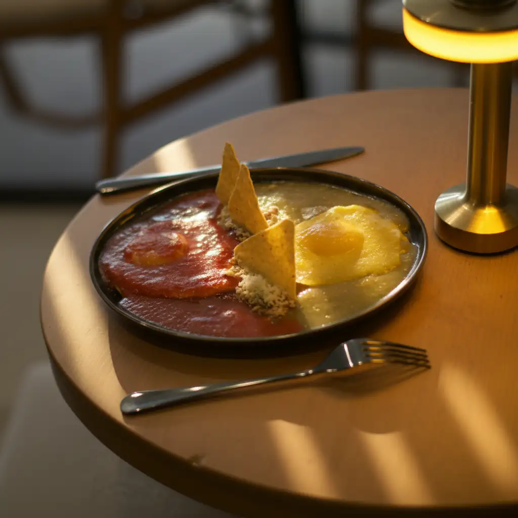 Huevos divorciados con salsa roja y verde, frijoles y totopos