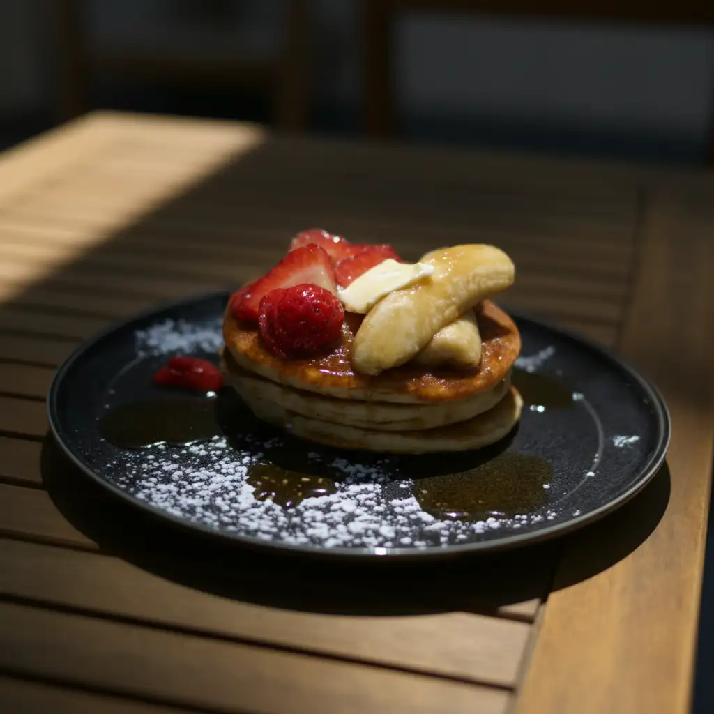 Pancakes El Rizo con plátano caramelizado, fresas y maple